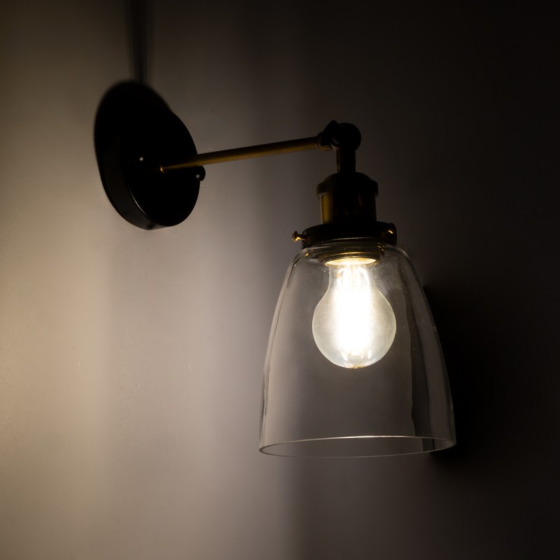 GloboStar® LYDIA 01071 Vintage Επιτοίχιο Φωτιστικό Απλίκα Μονόφωτο 1 x E27 IP20 Μαύρο & Χρυσό Μέταλλο με Διάφανο Γυαλί - Μ14 x Π26 x Υ30cm