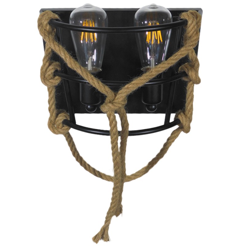 GloboStar® BARBOSA 01083 Vintage Επιτοίχιο Φωτιστικό Απλίκα Δίφωτο 2 x E27 IP20 Μαύρο Μέταλλο με Μπεζ Σχοινί Μ12 x Π19 x Υ28cm