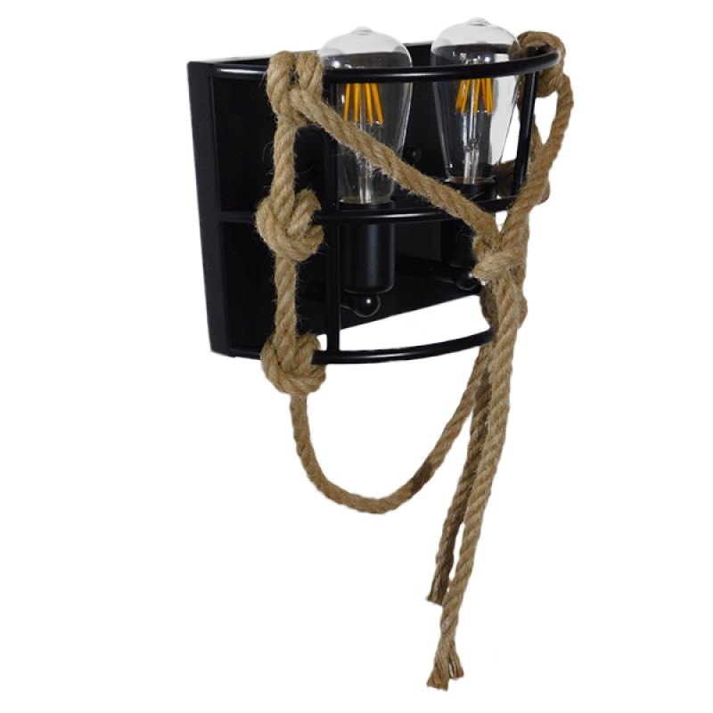 GloboStar® BARBOSA 01083 Vintage Επιτοίχιο Φωτιστικό Απλίκα Δίφωτο 2 x E27 IP20 Μαύρο Μέταλλο με Μπεζ Σχοινί Μ12 x Π19 x Υ28cm