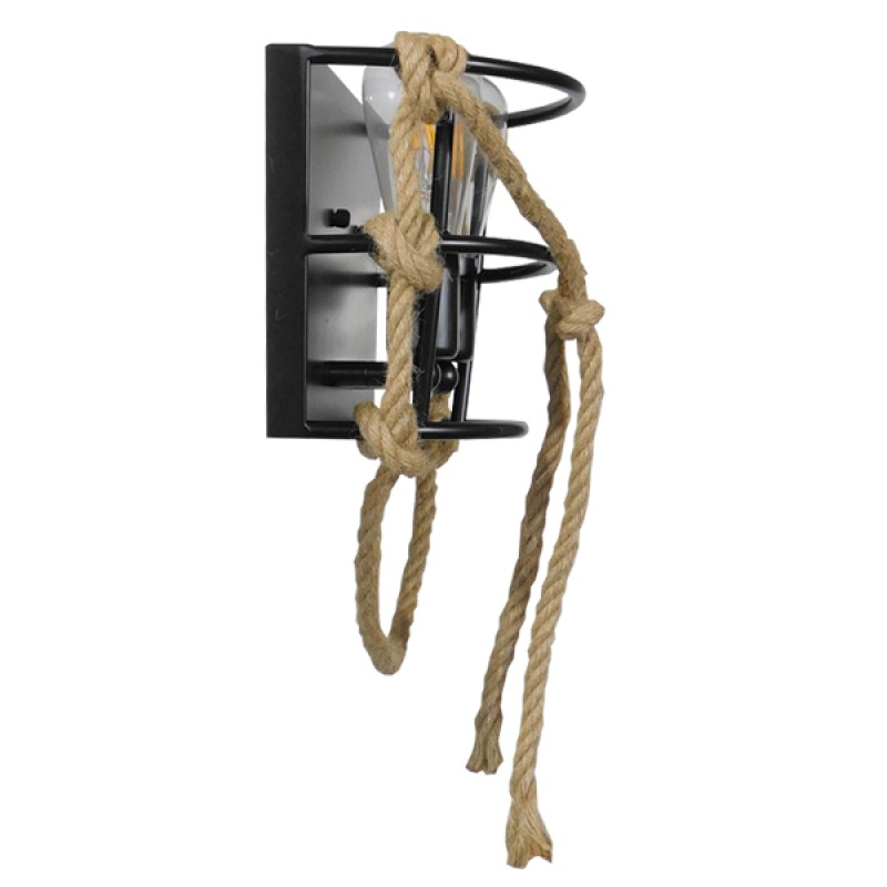 GloboStar® BARBOSA 01083 Vintage Επιτοίχιο Φωτιστικό Απλίκα Δίφωτο 2 x E27 IP20 Μαύρο Μέταλλο με Μπεζ Σχοινί Μ12 x Π19 x Υ28cm