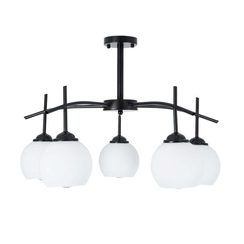 GloboStar® LUNA 01088 Μοντέρνο Φωτιστικό Οροφής Καμπάνα Πολύφωτο 5 x E27 IP20 Μαύρο Μέταλλο με Λευκό Γυαλί - Μ60 x Π60 x Υ43cm