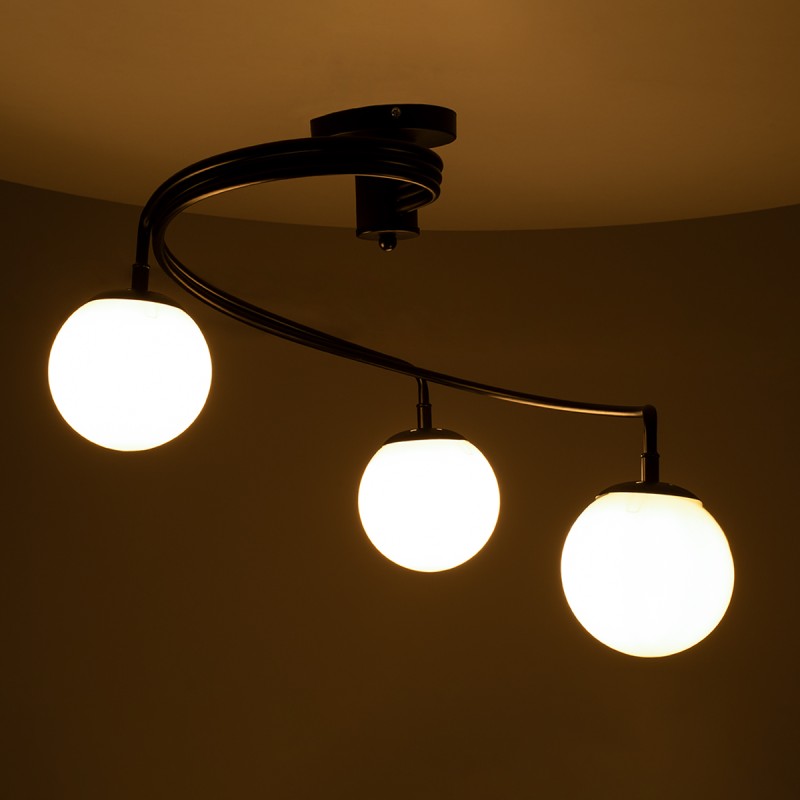 GloboStar® SELINA 01089 Μοντέρνο Φωτιστικό Οροφής Μπάλα Τρίφωτο 3 x E27 IP20 Μαύρο Μέταλλο με Λευκό Γυαλί - Μ60 x Π60 x Υ45cm