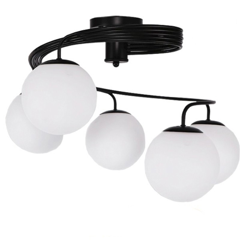 GloboStar® SELINA 01090 Μοντέρνο Φωτιστικό Οροφής Μπάλα Πολύφωτο 5 x E27 IP20 Μαύρο Μέταλλο με Λευκό Γυαλί - Μ63 x Π63 x Υ47cm
