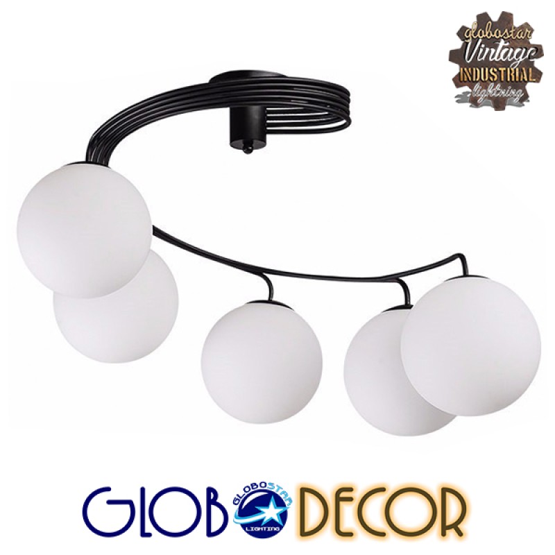 GloboStar® SELINA 01090 Μοντέρνο Φωτιστικό Οροφής Μπάλα Πολύφωτο 5 x E27 IP20 Μαύρο Μέταλλο με Λευκό Γυαλί - Μ63 x Π63 x Υ47cm