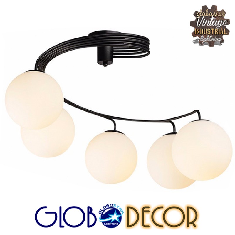 GloboStar® SELINA 01090 Μοντέρνο Φωτιστικό Οροφής Μπάλα Πολύφωτο 5 x E27 IP20 Μαύρο Μέταλλο με Λευκό Γυαλί - Μ63 x Π63 x Υ47cm