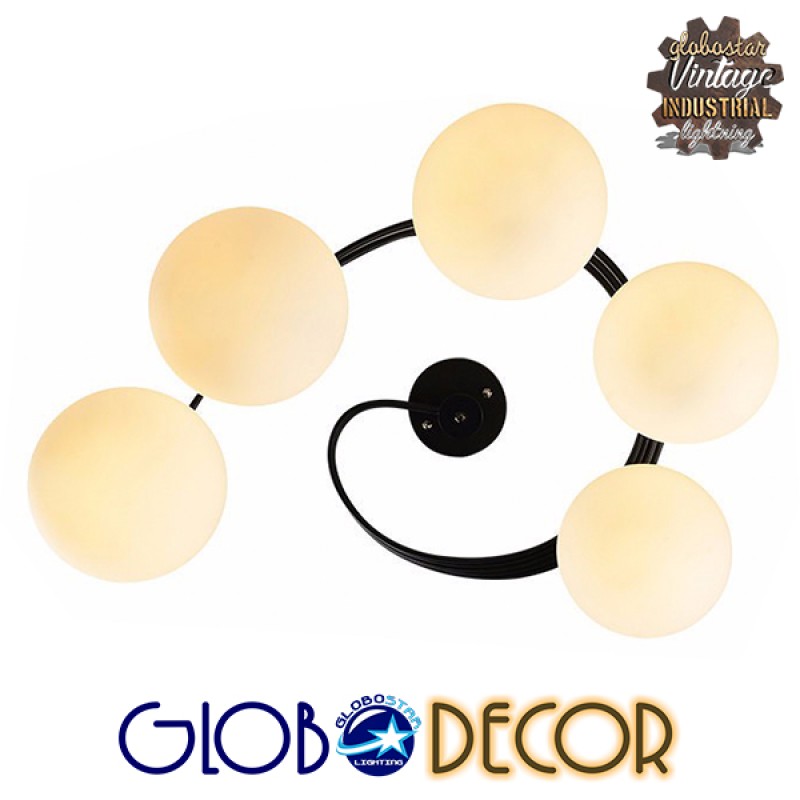 GloboStar® SELINA 01090 Μοντέρνο Φωτιστικό Οροφής Μπάλα Πολύφωτο 5 x E27 IP20 Μαύρο Μέταλλο με Λευκό Γυαλί - Μ63 x Π63 x Υ47cm