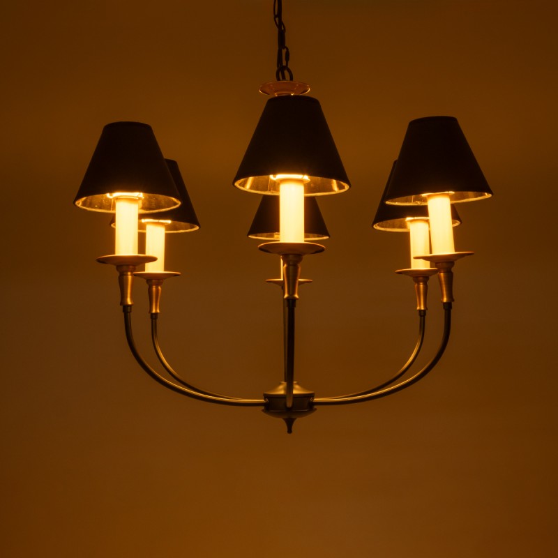 GloboStar® LIMI 01092 Vintage Κρεμαστό Φωτιστικό Καπέλο Πολύφωτο 6 x E14 IP20 Μαύρο & Χρυσό Μέταλλο με Μαύρο Ύφασμα - Μ70 x Π70 x Υ60cm