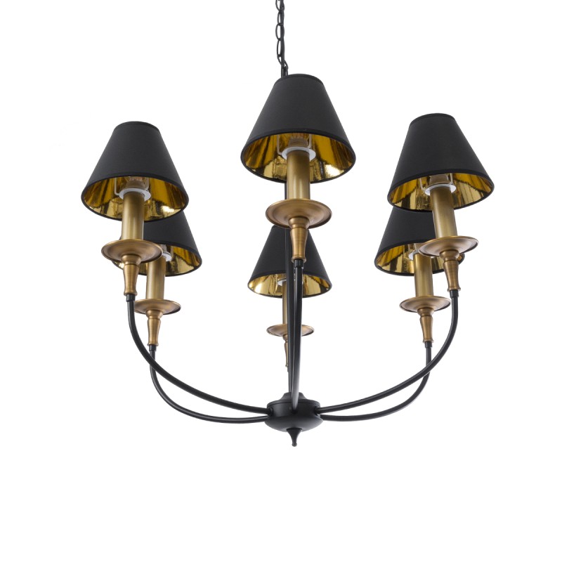 GloboStar® LIMI 01092 Vintage Κρεμαστό Φωτιστικό Καπέλο Πολύφωτο 6 x E14 IP20 Μαύρο & Χρυσό Μέταλλο με Μαύρο Ύφασμα - Μ70 x Π70 x Υ60cm