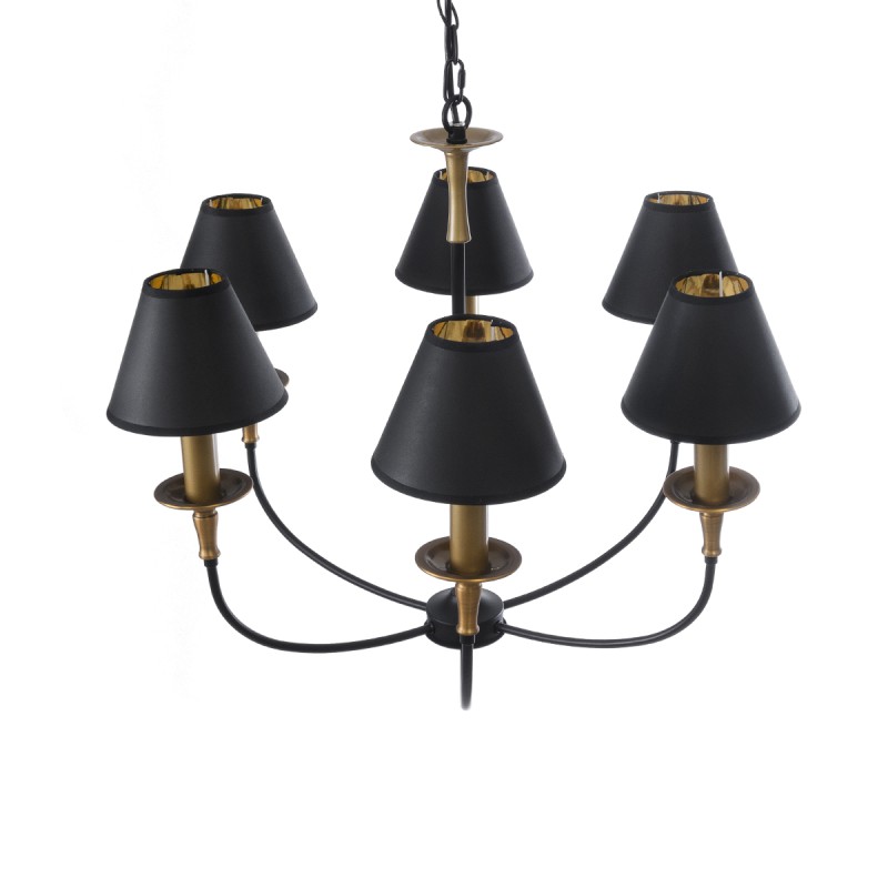 GloboStar® LIMI 01092 Vintage Κρεμαστό Φωτιστικό Καπέλο Πολύφωτο 6 x E14 IP20 Μαύρο & Χρυσό Μέταλλο με Μαύρο Ύφασμα - Μ70 x Π70 x Υ60cm