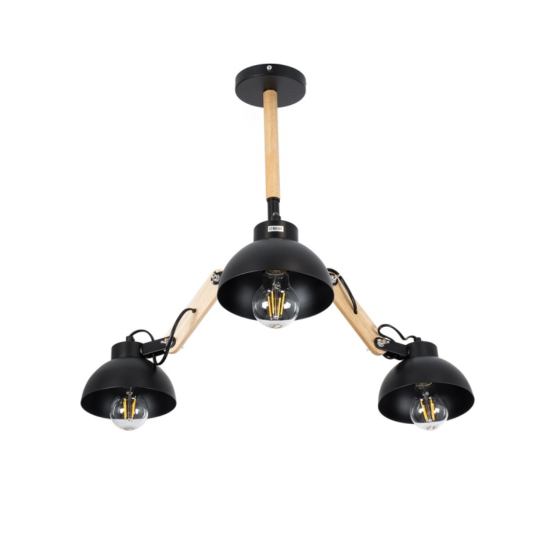 GloboStar® OLD SCHOOL 01093 Μοντέρνο Φωτιστικό Οροφής Καμπάνα Τρίφωτο 3 x E27 IP20 Μαύρο Μέταλλο με Μπεζ Ξύλο - Μ75 x Π75 x Υ35cm