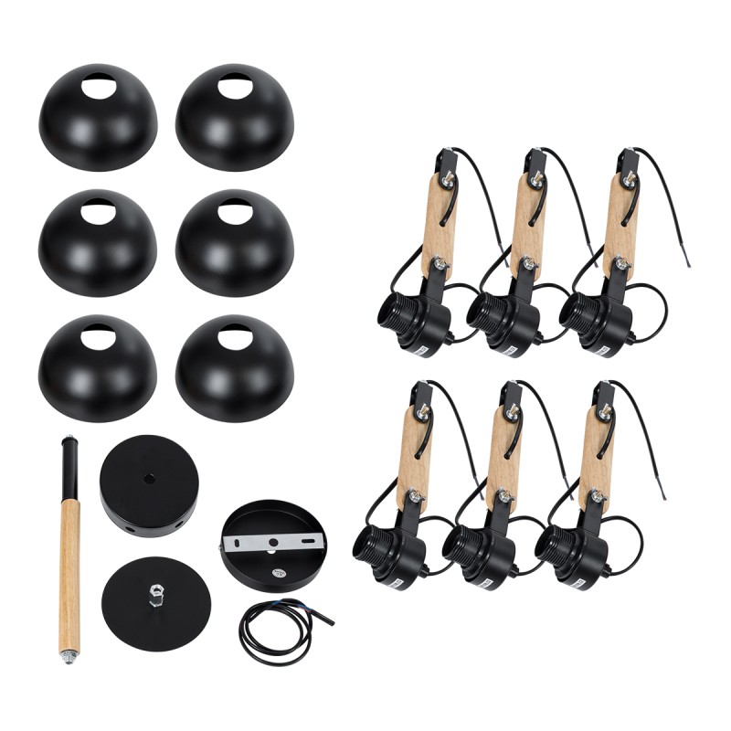 GloboStar® OLD SCHOOL 01094 Μοντέρνο Φωτιστικό Οροφής Καμπάνα Πολύφωτο 6 x E27 IP20 Μαύρο Μέταλλο με Μπεζ Ξύλο - Μ75 x Π75 x Υ40cm