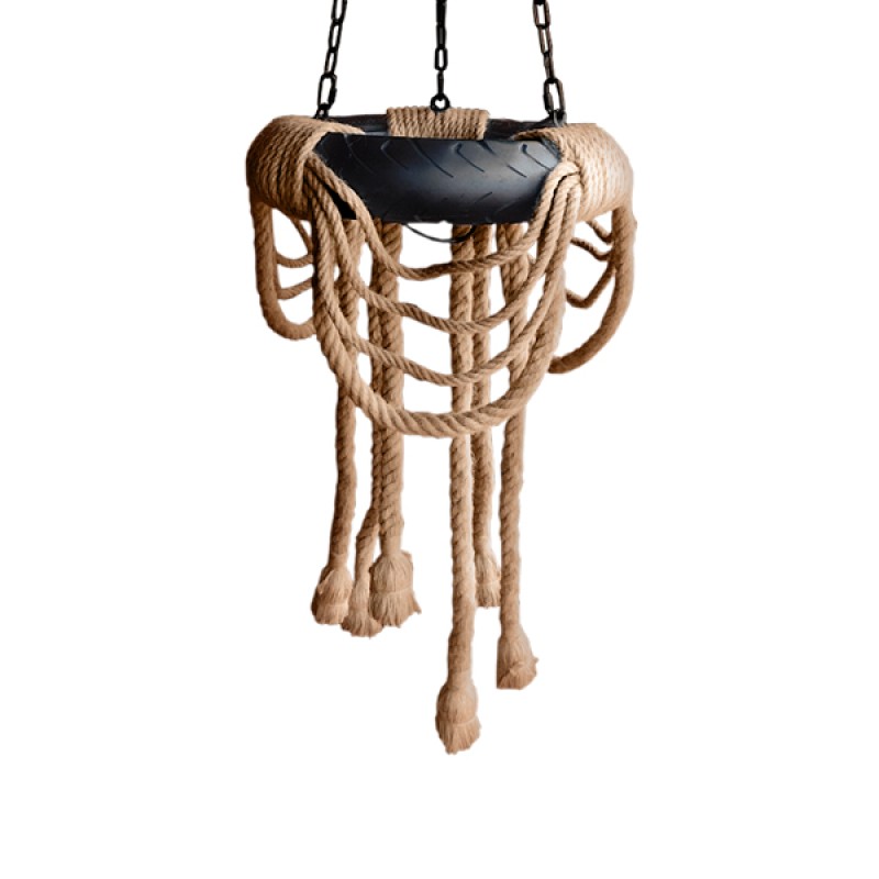 GloboStar® RUNNER 01115 Vintage Κρεμαστό Φωτιστικό Ανάρτηση Πολύφωτο 6 x E27 IP20 Μαύρο Πλαστικό με Μπεζ Σχοινί - Μ45 x Π45 x Υ60cm