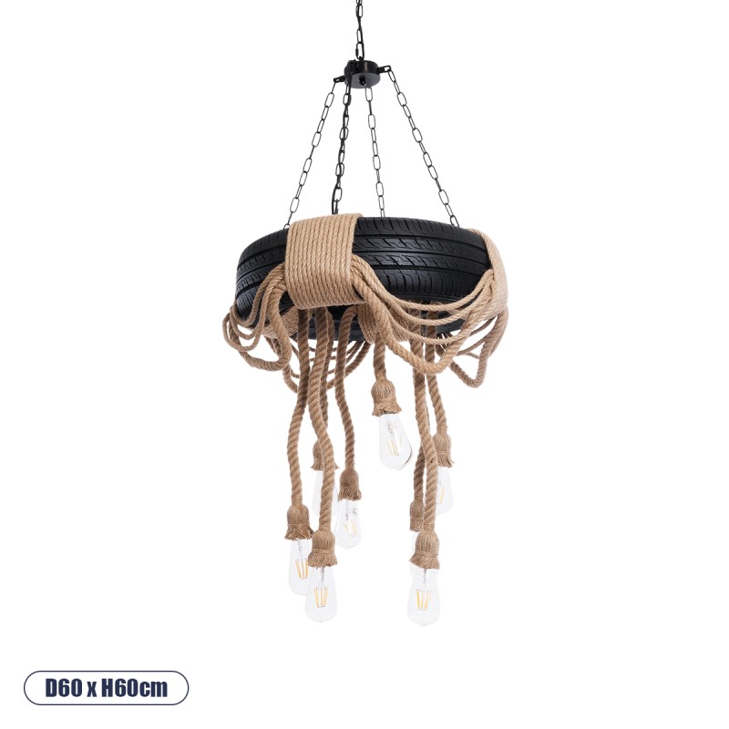 GloboStar® MARBELLA 01116 Vintage Κρεμαστό Φωτιστικό Ανάρτηση Πολύφωτο 8 x E27 IP20 Μαύρο Πλαστικό με Μπεζ Σχοινί - Μ60 x Π60 x Υ60cm