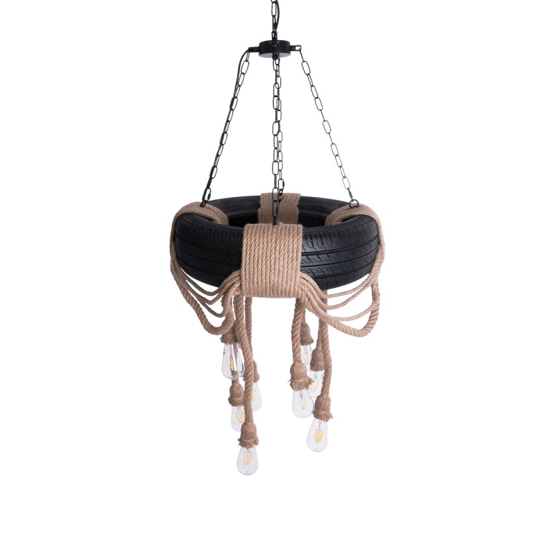 GloboStar® MARBELLA 01116 Vintage Κρεμαστό Φωτιστικό Ανάρτηση Πολύφωτο 8 x E27 IP20 Μαύρο Πλαστικό με Μπεζ Σχοινί - Μ60 x Π60 x Υ60cm