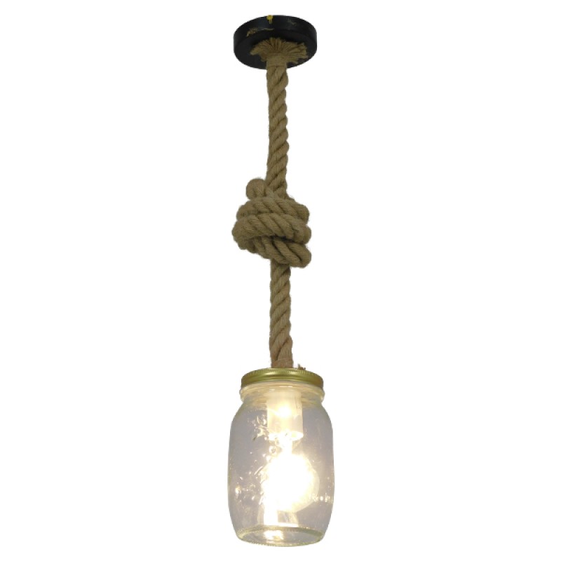 GloboStar® JAM 01128 Vintage Κρεμαστό Φωτιστικό Ανάρτηση Μονόφωτο 1 x E27 IP20 Διάφανο Γυαλί με Μπεζ Σχοινί - Μ11 x Π11 x Υ120cm
