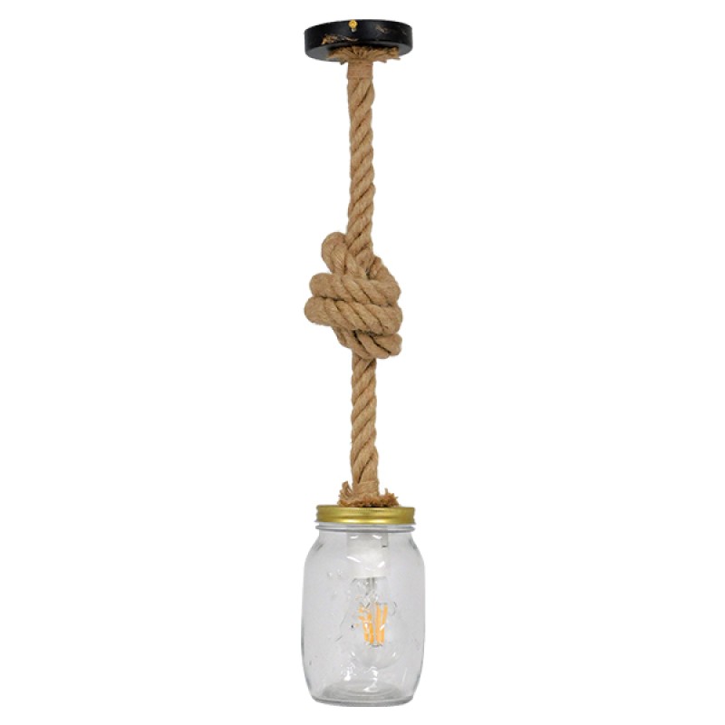 GloboStar® JAM 01128 Vintage Κρεμαστό Φωτιστικό Ανάρτηση Μονόφωτο 1 x E27 IP20 Διάφανο Γυαλί με Μπεζ Σχοινί - Μ11 x Π11 x Υ120cm