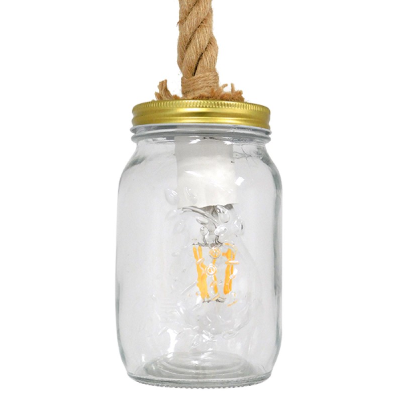 GloboStar® JAM 01128 Vintage Κρεμαστό Φωτιστικό Ανάρτηση Μονόφωτο 1 x E27 IP20 Διάφανο Γυαλί με Μπεζ Σχοινί - Μ11 x Π11 x Υ120cm