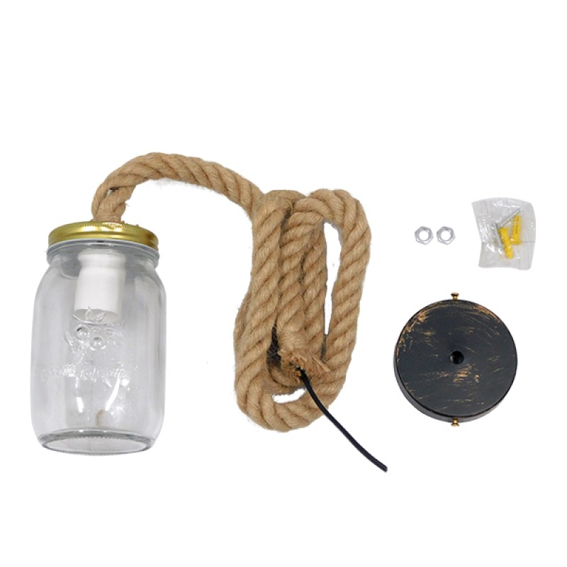 GloboStar® JAM 01128 Vintage Κρεμαστό Φωτιστικό Ανάρτηση Μονόφωτο 1 x E27 IP20 Διάφανο Γυαλί με Μπεζ Σχοινί - Μ11 x Π11 x Υ120cm