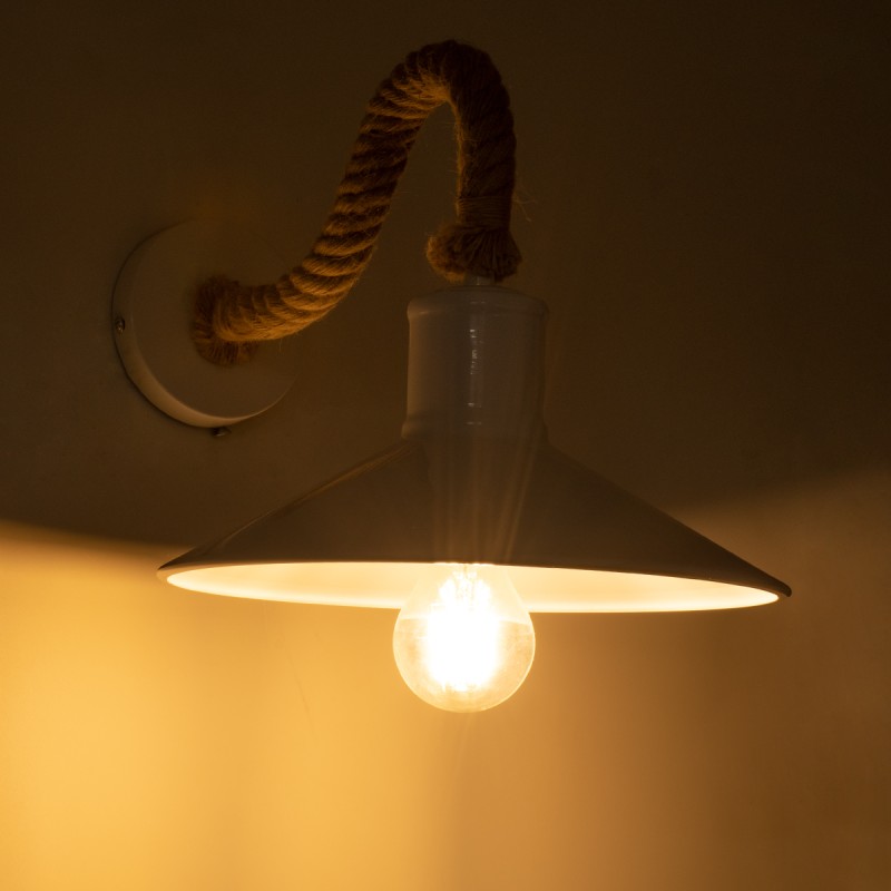 GloboStar® VINSA 01130 Vintage Επιτοίχιο Φωτιστικό Απλίκα Μονόφωτο 1 x E27 IP20 Λευκό Μέταλλο με Μπεζ Σχοινί - Μ37.5 x Π26.7 x Υ25cm