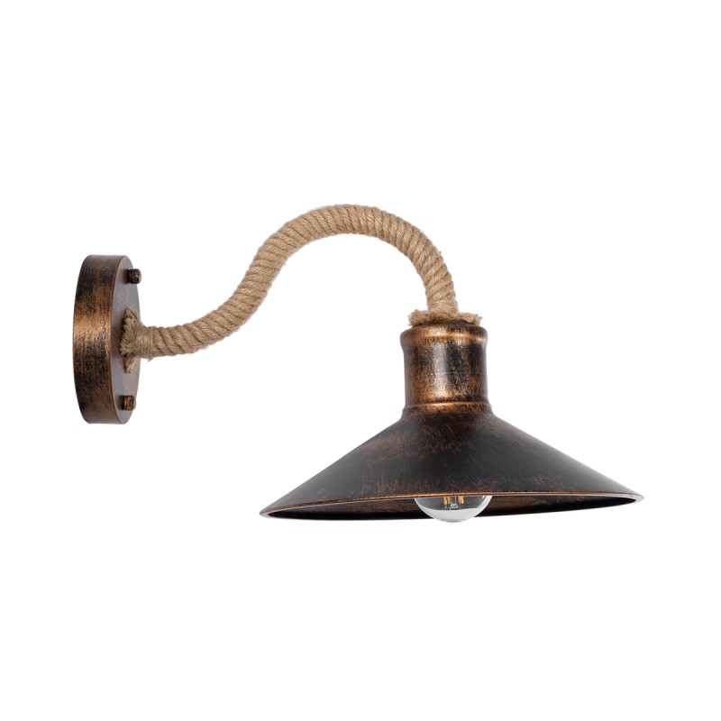 GloboStar® BRASTA 01131 Vintage Επιτοίχιο Φωτιστικό Απλίκα Μονόφωτο 1 x E27 IP20 Χάλκινο Μέταλλο με Μπεζ Σχοινί - Μ26 x Π42.5 x Υ24cm