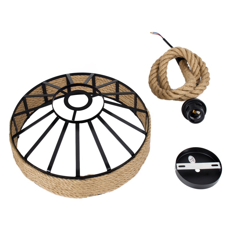 GloboStar® SAHARA 01146 Vintage Κρεμαστό Φωτιστικό Καμπάνα Μονόφωτο 1 x E27 IP20 Μαύρο Μέταλλο με Μπεζ Σχοινί - Μ31 x Π31 x Υ14cm