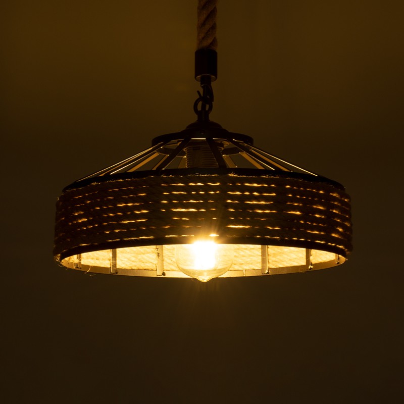 GloboStar® SAHARA 01146 Vintage Κρεμαστό Φωτιστικό Καμπάνα Μονόφωτο 1 x E27 IP20 Μαύρο Μέταλλο με Μπεζ Σχοινί - Μ31 x Π31 x Υ14cm