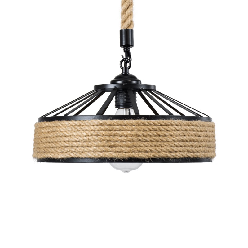 GloboStar® SAHARA 01146 Vintage Κρεμαστό Φωτιστικό Καμπάνα Μονόφωτο 1 x E27 IP20 Μαύρο Μέταλλο με Μπεζ Σχοινί - Μ31 x Π31 x Υ14cm