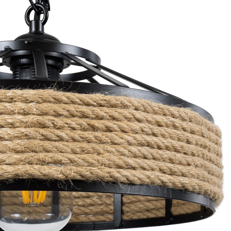 GloboStar® SAHARA 01146 Vintage Κρεμαστό Φωτιστικό Καμπάνα Μονόφωτο 1 x E27 IP20 Μαύρο Μέταλλο με Μπεζ Σχοινί - Μ31 x Π31 x Υ14cm