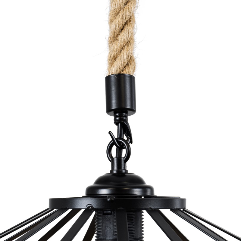 GloboStar® SAHARA 01146 Vintage Κρεμαστό Φωτιστικό Καμπάνα Μονόφωτο 1 x E27 IP20 Μαύρο Μέταλλο με Μπεζ Σχοινί - Μ31 x Π31 x Υ14cm