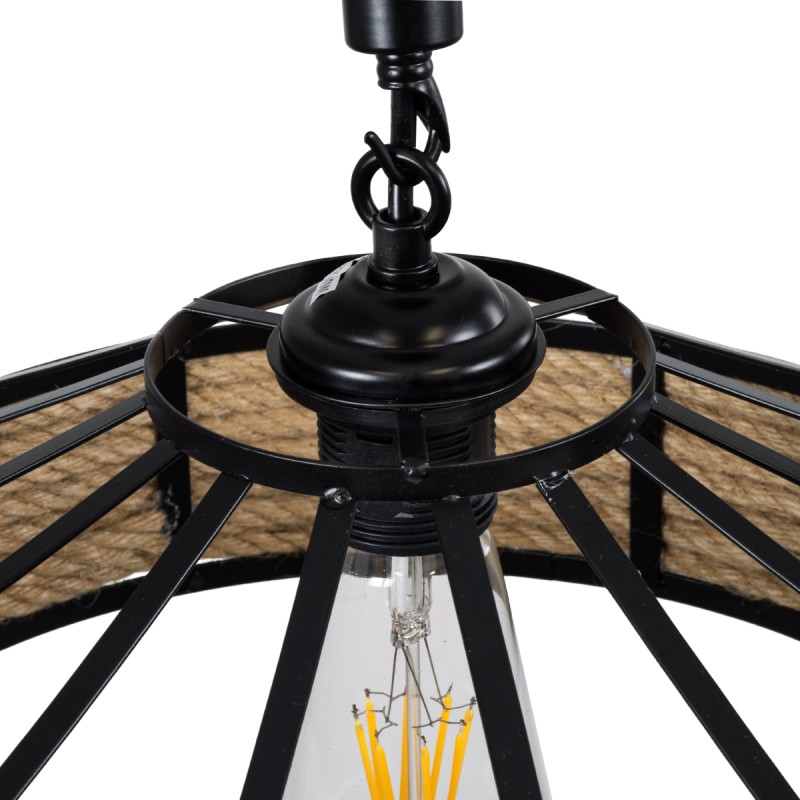 GloboStar® SAHARA 01146 Vintage Κρεμαστό Φωτιστικό Καμπάνα Μονόφωτο 1 x E27 IP20 Μαύρο Μέταλλο με Μπεζ Σχοινί - Μ31 x Π31 x Υ14cm