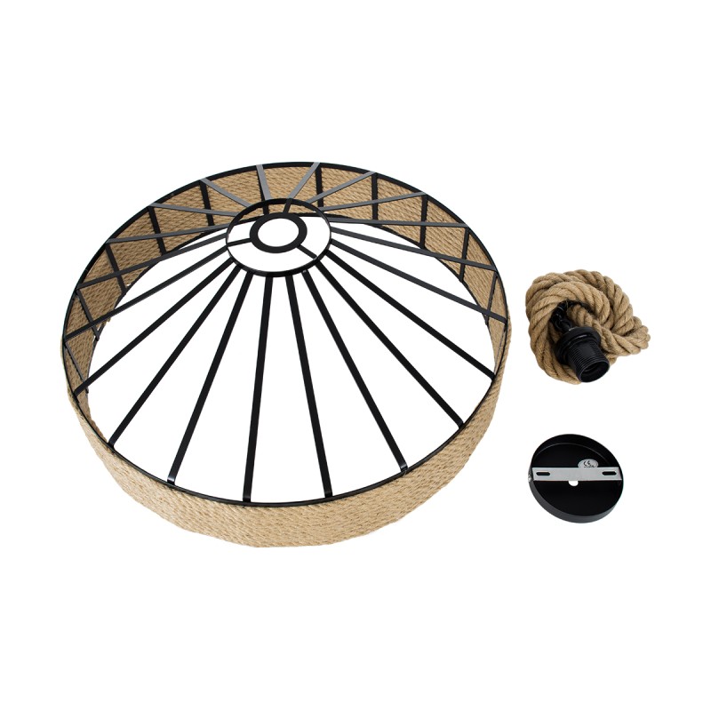GloboStar® POLI 01147 Vintage Κρεμαστό Φωτιστικό Καμπάνα Μονόφωτο 1 x E27 IP20 Μαύρο Μέταλλο με Μπεζ Σχοινί - Μ40 x Π40 x Υ32cm