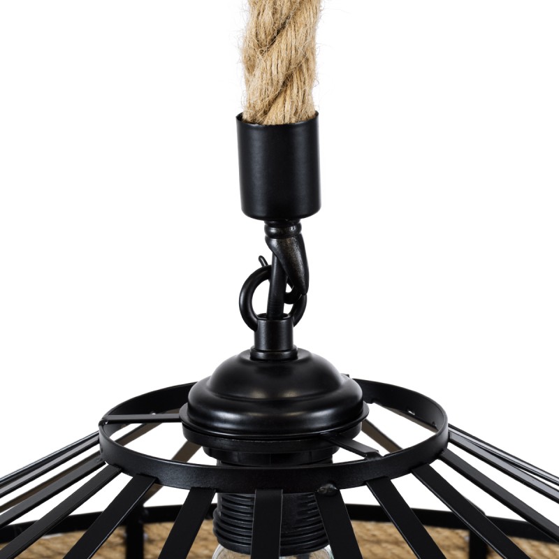 GloboStar® POLI 01147 Vintage Κρεμαστό Φωτιστικό Καμπάνα Μονόφωτο 1 x E27 IP20 Μαύρο Μέταλλο με Μπεζ Σχοινί - Μ40 x Π40 x Υ32cm