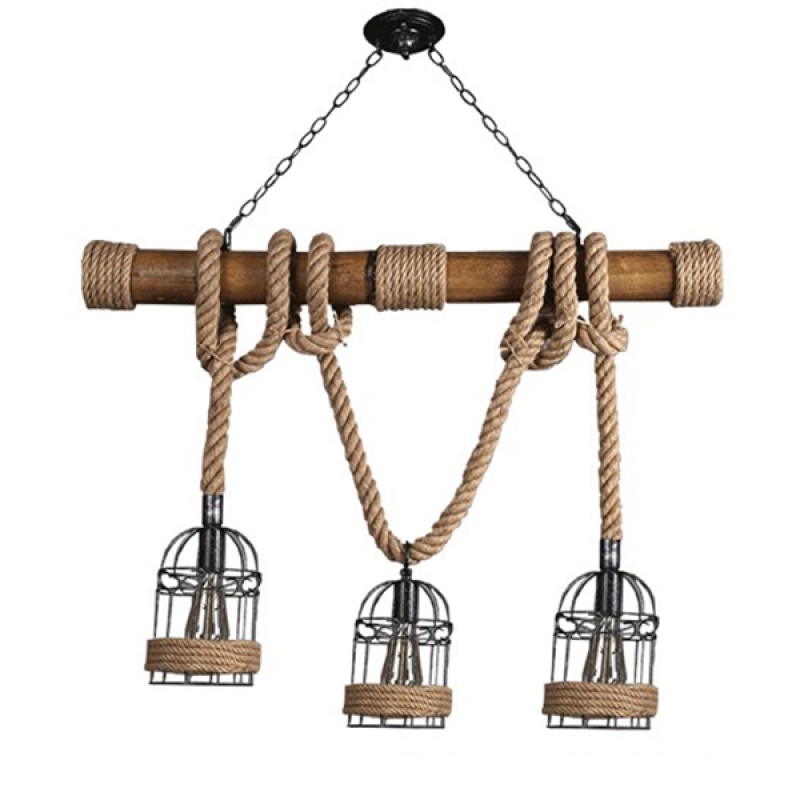 GloboStar® LILO 01149 Vintage Κρεμαστό Φωτιστικό Ράγα Τρίφωτο 3 x E27 IP20 Καφέ Ξύλο με Μπεζ Σχοινί Μ80 x Π15 x Υ100cm