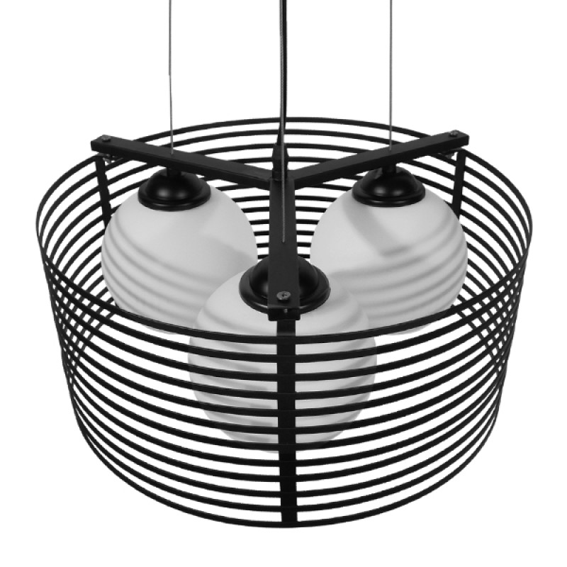 GloboStar® KEVIA 01150 Μοντέρνο Κρεμαστό Φωτιστικό Πλέγμα Τρίφωτο 3 x E27 IP20 Μαύρο Μέταλλο με Λευκό Γυαλί - Μ40 x Π40 x Υ17.5cm