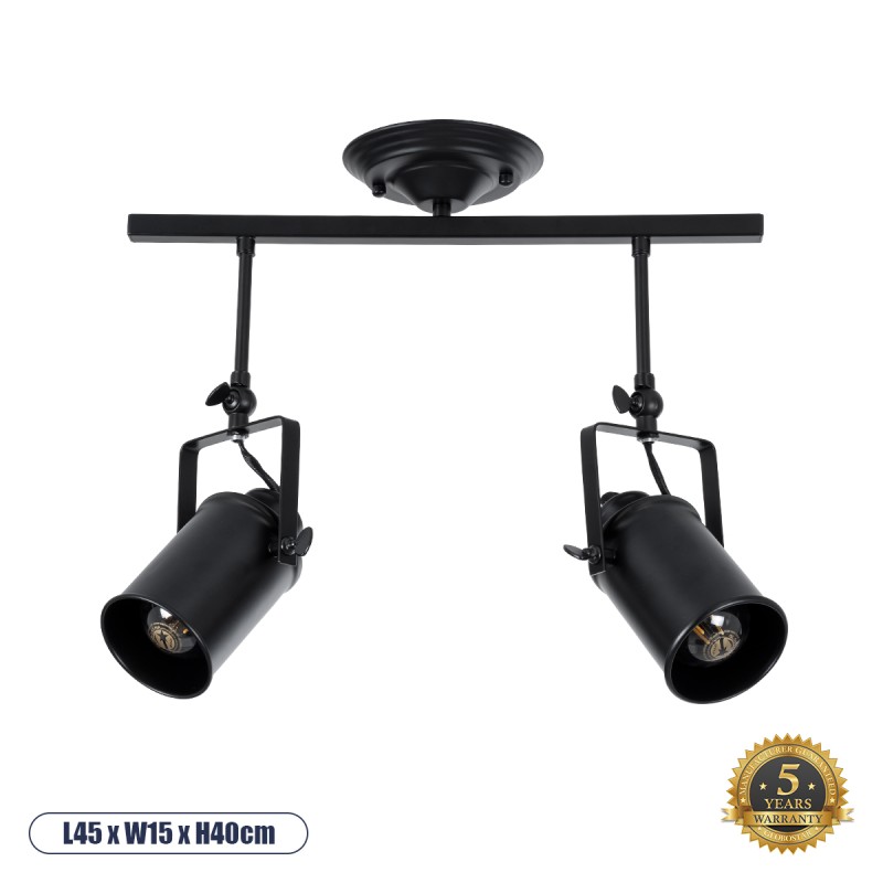 GloboStar® HOLLYWOOD 01154 Vintage Φωτιστικό Οροφής Ράγα Δίφωτο 2 x E27 IP20 Μαύρο Μέταλλο - Μ45 x Π15 x Υ40cm