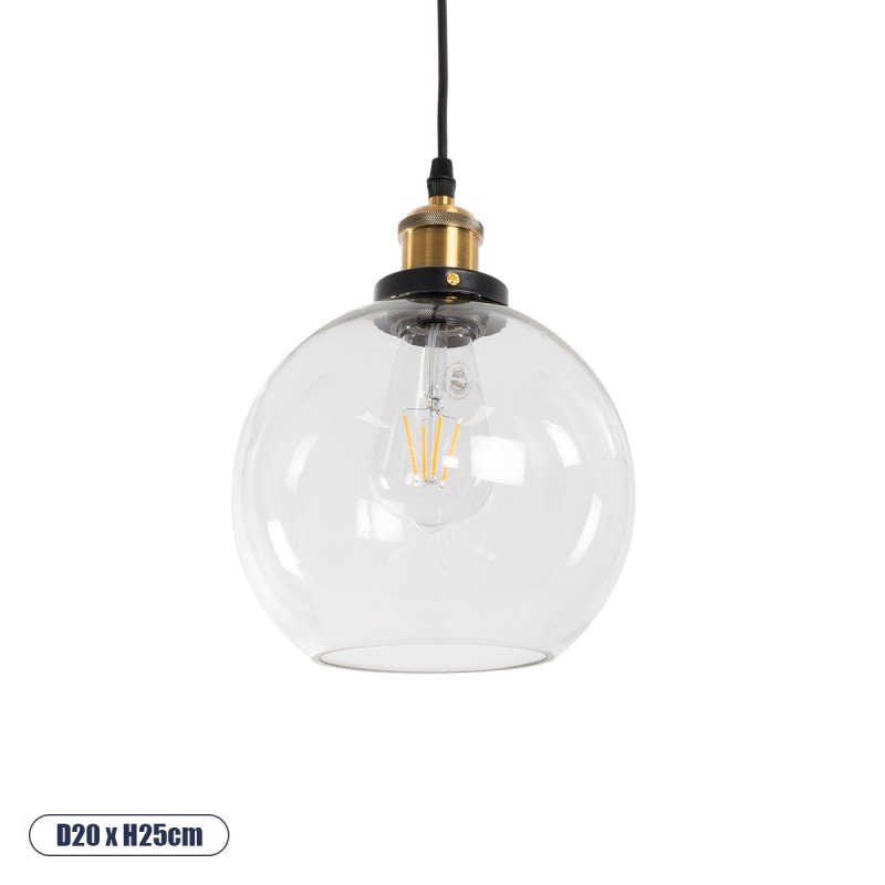 GloboStar® WICKHAM 01170 Vintage Κρεμαστό Φωτιστικό Μπάλα Μονόφωτο 1 x E27 IP20 Διάφανο Γυαλί με Μαύρο & Χρυσό Μέταλλο - Μ20 x Π20 x Y25cm