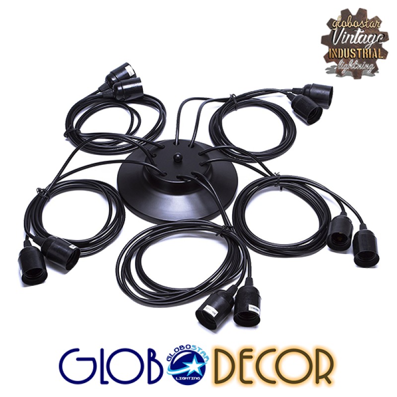 GloboStar® WIRED 01173 Vintage Κρεμαστό Φωτιστικό Πλέγμα Πολύφωτο 10 x E27 Μαύρο Μέταλλο με Μαύρο Πλαστικό - 200cm