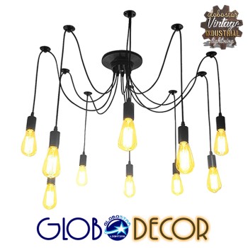 GLOBOSTAR® WIRED 01173 Vintage Κρεμαστό Φωτιστικό Οροφής με Ντουί 10 x E27 AC 220-240V IP20 - Μαύρο - Μ200 x Π200 x Υ100cm