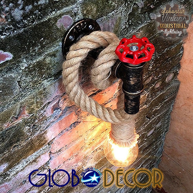 GloboStar® TROUVER 01183 Vintage Επιτοίχιο Φωτιστικό Απλίκα Μονόφωτο 1 x E27 IP20 Μπρούτζινο & Κόκκινο Μέταλλο με Μπεζ Σχοινί Μ14.5 x Π3.3 x Υ16cm