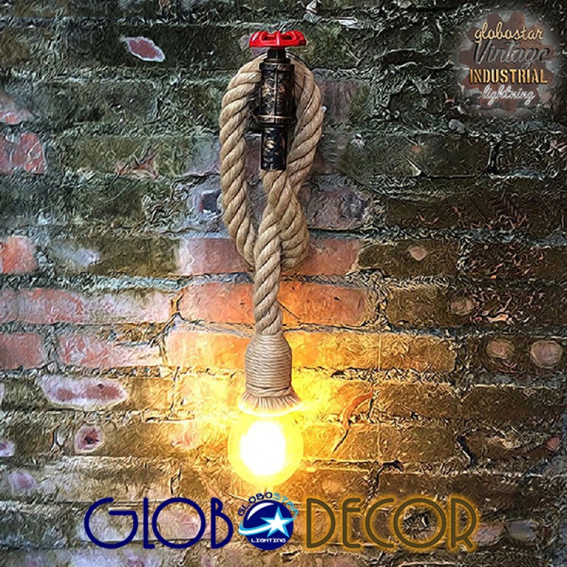 GloboStar® TROUVER 01183 Vintage Επιτοίχιο Φωτιστικό Απλίκα Μονόφωτο 1 x E27 IP20 Μπρούτζινο & Κόκκινο Μέταλλο με Μπεζ Σχοινί Μ14.5 x Π3.3 x Υ16cm
