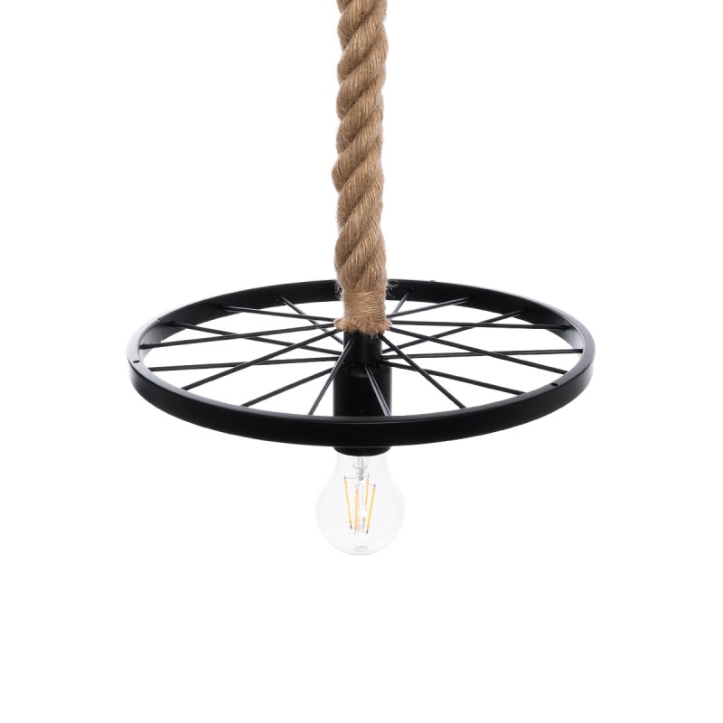 GloboStar® VELO 01185 Vintage Κρεμαστό Φωτιστικό Ανάρτηση Μονόφωτο 1 x E27 IP20 Μαύρο Μέταλλο με Μπεζ Σχοινί - Μ30 x Π30 x Υ12cm