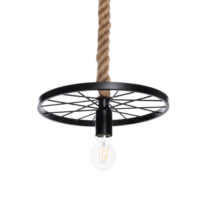 GloboStar® VELO 01185 Vintage Κρεμαστό Φωτιστικό Ανάρτηση Μονόφωτο 1 x E27 IP20 Μαύρο Μέταλλο με Μπεζ Σχοινί - Μ30 x Π30 x Υ12cm