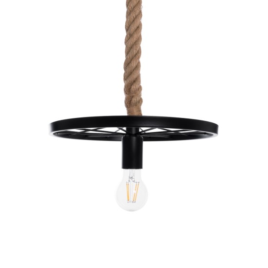 GloboStar® VELO 01185 Vintage Κρεμαστό Φωτιστικό Ανάρτηση Μονόφωτο 1 x E27 IP20 Μαύρο Μέταλλο με Μπεζ Σχοινί - Μ30 x Π30 x Υ12cm