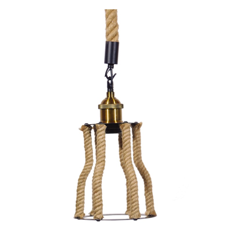 GloboStar® LANTERN 01186 Vintage Κρεμαστό Φωτιστικό Ανάρτηση Μονόφωτο 1 x E27 IP20 Μαύρο & Χρυσό Μέταλλο με Μπεζ Σχοινί - Μ15 x Π15 x Υ24cm