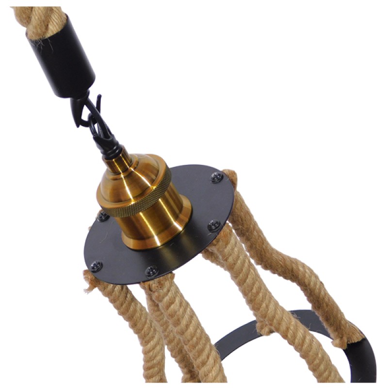 GloboStar® LANTERN 01186 Vintage Κρεμαστό Φωτιστικό Ανάρτηση Μονόφωτο 1 x E27 IP20 Μαύρο & Χρυσό Μέταλλο με Μπεζ Σχοινί - Μ15 x Π15 x Υ24cm