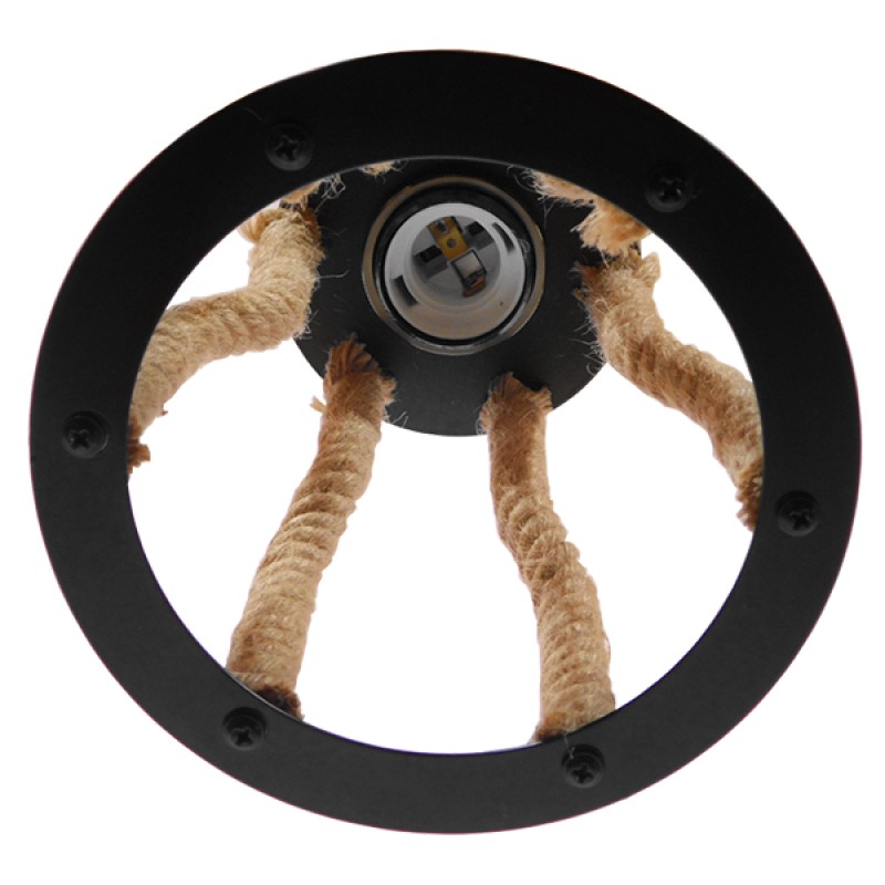 GloboStar® LANTERN 01186 Vintage Κρεμαστό Φωτιστικό Ανάρτηση Μονόφωτο 1 x E27 IP20 Μαύρο & Χρυσό Μέταλλο με Μπεζ Σχοινί - Μ15 x Π15 x Υ24cm