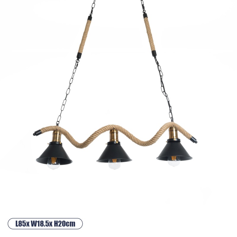 GloboStar® TYMEN 01189 Vintage Κρεμαστό Φωτιστικό Καμπάνα Τρίφωτο 3 x E27 IP20 Μαύρο Μέταλλο με Μπεζ Σχοινί - Μ85 x Π18.5 x Υ20cm