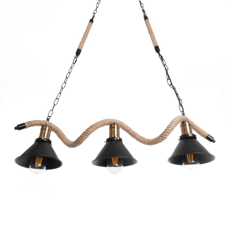 GloboStar® TYMEN 01189 Vintage Κρεμαστό Φωτιστικό Καμπάνα Τρίφωτο 3 x E27 IP20 Μαύρο Μέταλλο με Μπεζ Σχοινί - Μ85 x Π18.5 x Υ20cm