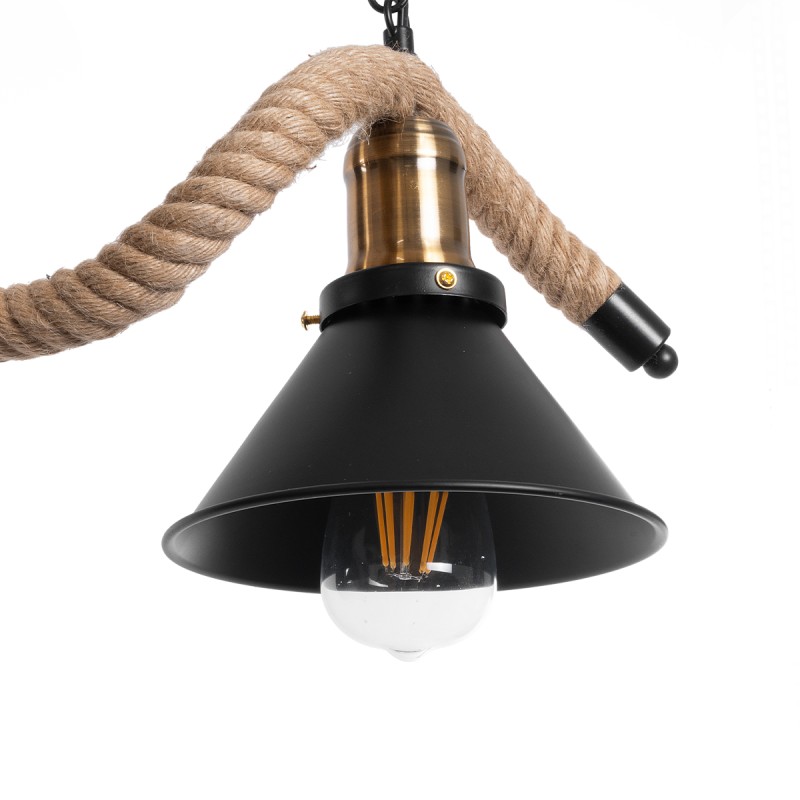 GloboStar® TYMEN 01189 Vintage Κρεμαστό Φωτιστικό Καμπάνα Τρίφωτο 3 x E27 IP20 Μαύρο Μέταλλο με Μπεζ Σχοινί - Μ85 x Π18.5 x Υ20cm