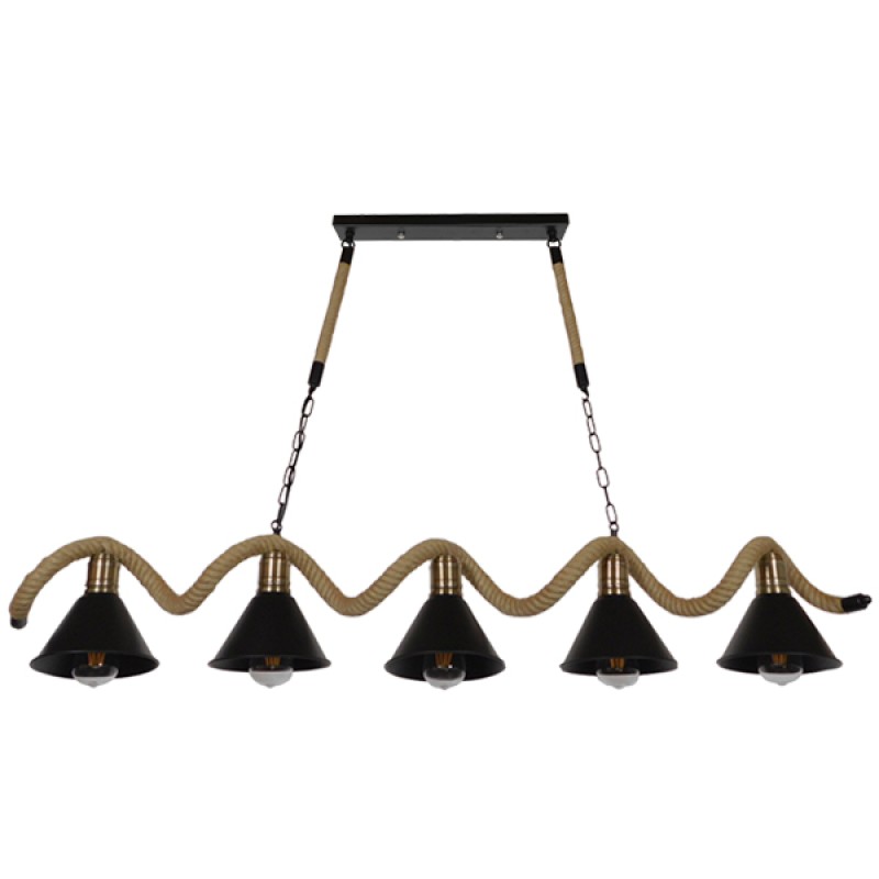 GloboStar® TYMEN 01190 Vintage Κρεμαστό Φωτιστικό Καμπάνα Πολύφωτο 5 x E27 IP20 Μαύρο Μέταλλο με Μπεζ Σχοινί - Μ150 x Π22 x Υ23cm